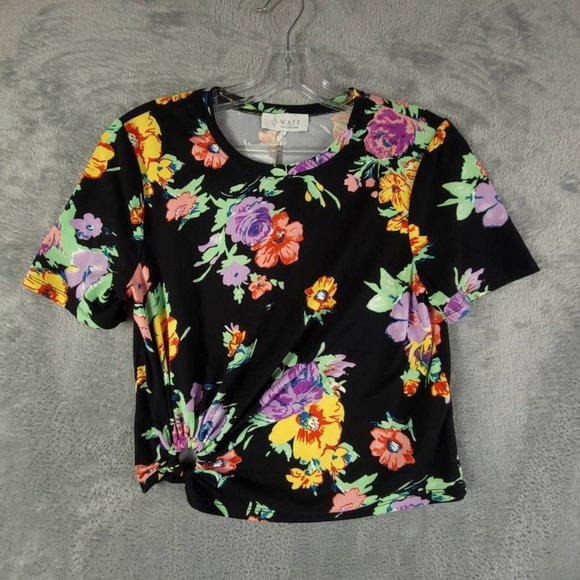 WAYF Womens Top Black Floral‎ Short Sleeve Stretch Gathered O-Ring Tee XS New - Picture 1 of 8